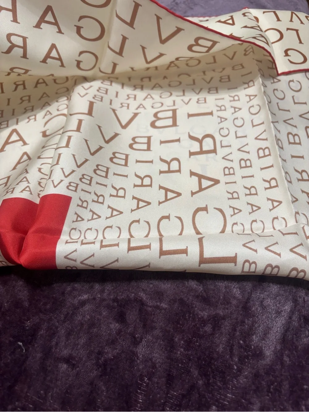 Bulgari Cream Silk Scarf with Brown Logo and Red Edge